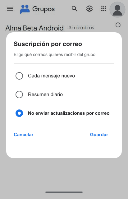 Evita correos del grupo: No enviar actualizaciones por correo