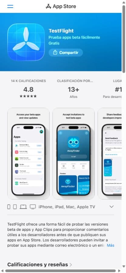 Instala TestFlight si te lo pide: TestFlight · Apple · Obtener